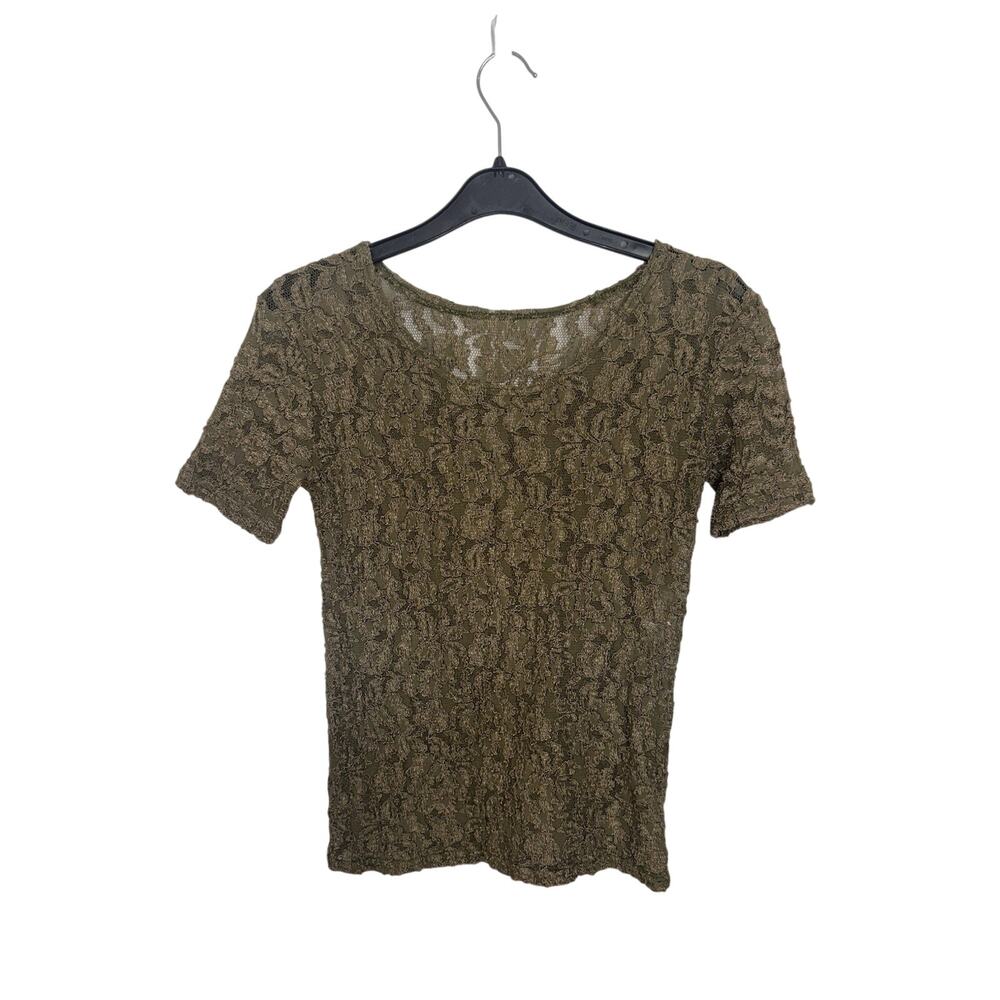 Vtg 90s Olive Mesh Floral Sheer Short Sleeve Top XS/S Fairy Grunge Goblin Boho